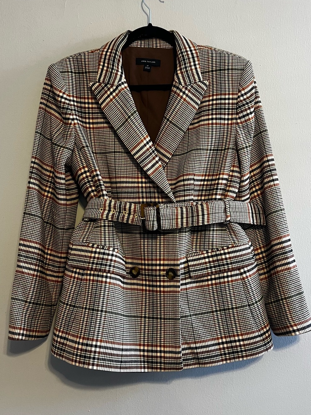 Ann Taylor Plaid Fitted Belted Blazer Double Breasted Brown Multi - 8 Petite